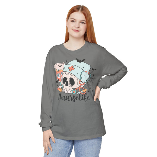 #NurseLife Halloween Long Sleeve T-Shirt - Skull and Medical Supplies Graphic Tee