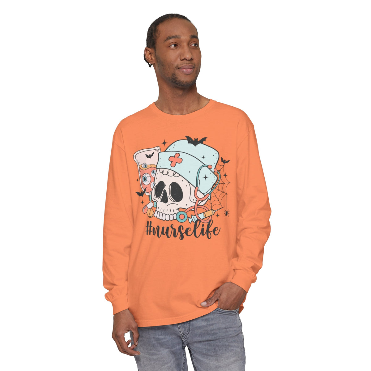 #NurseLife Halloween Long Sleeve T-Shirt - Skull and Medical Supplies Graphic Tee