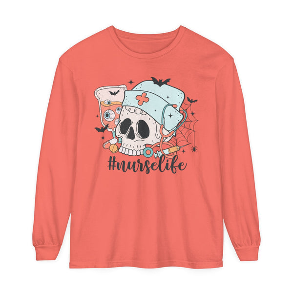 #NurseLife Halloween Long Sleeve T-Shirt - Skull and Medical Supplies Graphic Tee