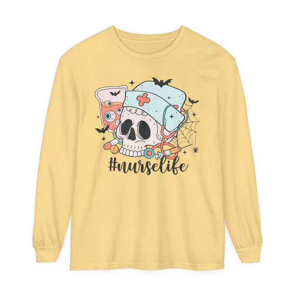 #NurseLife Halloween Long Sleeve T-Shirt - Skull and Medical Supplies Graphic Tee