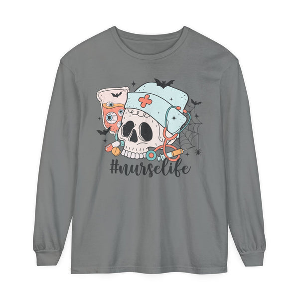 #NurseLife Halloween Long Sleeve T-Shirt - Skull and Medical Supplies Graphic Tee