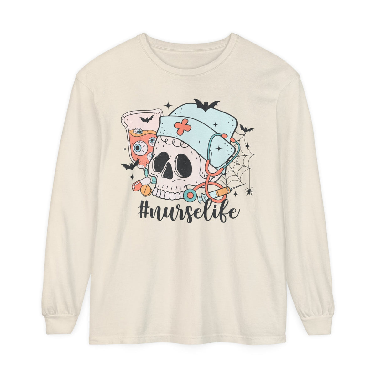 #NurseLife Halloween Long Sleeve T-Shirt - Skull and Medical Supplies Graphic Tee