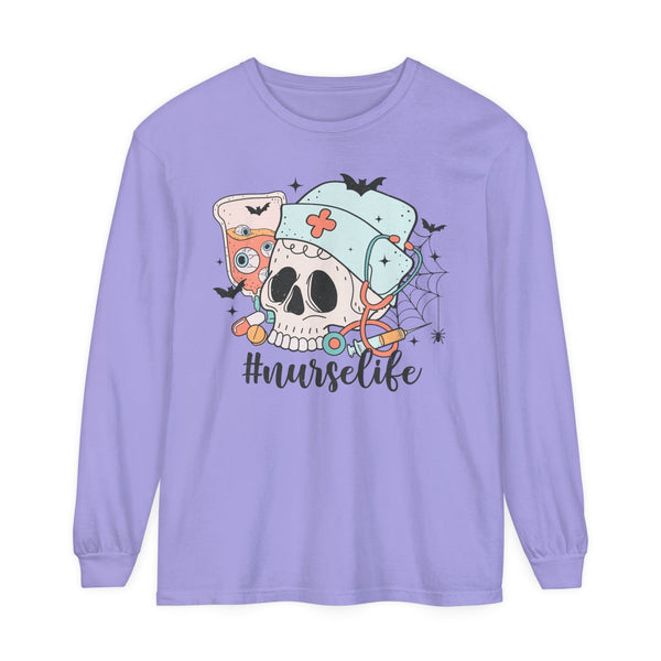 #NurseLife Halloween Long Sleeve T-Shirt - Skull and Medical Supplies Graphic Tee