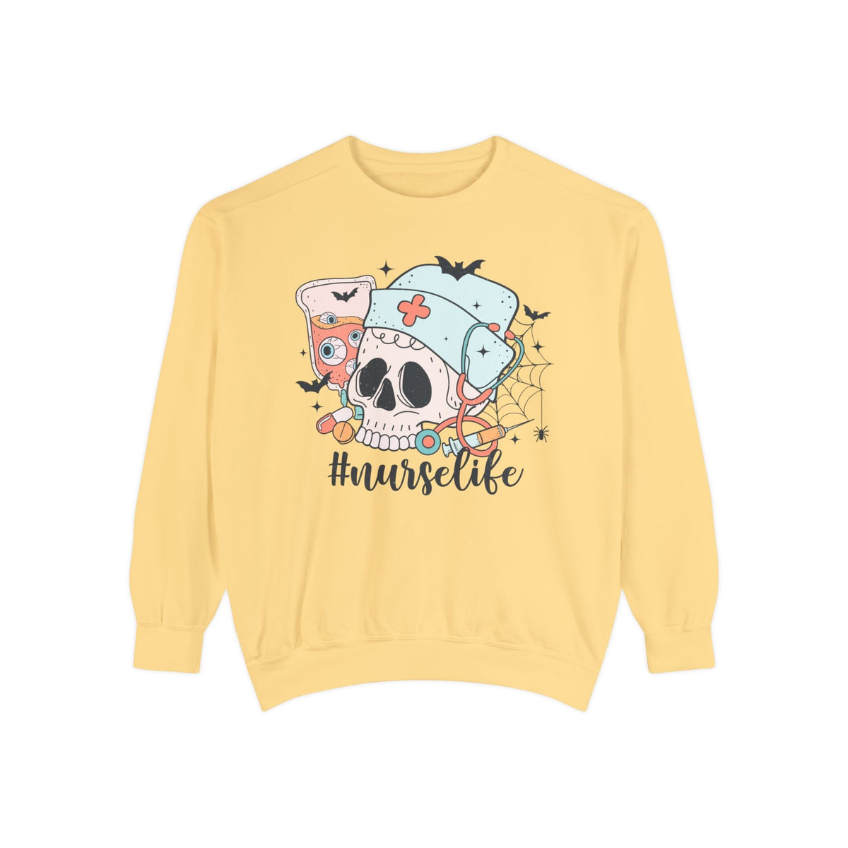 #NurseLife Halloween Sweatshirt - Skull and Medical Supplies Graphic Sweater