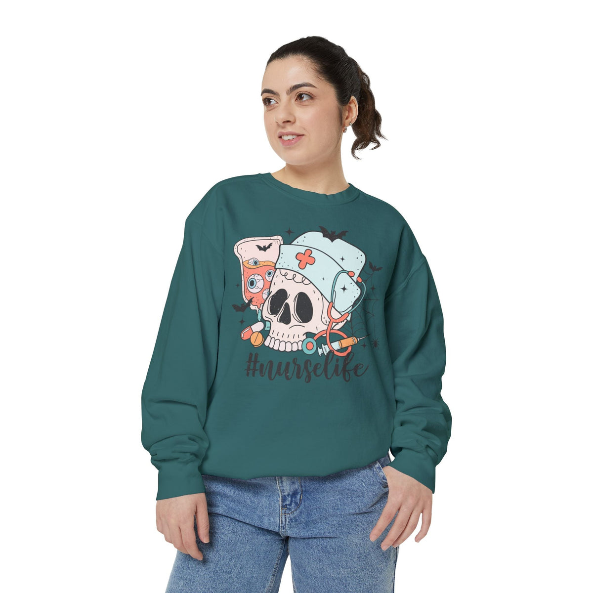 #NurseLife Halloween Sweatshirt - Skull and Medical Supplies Graphic Sweater