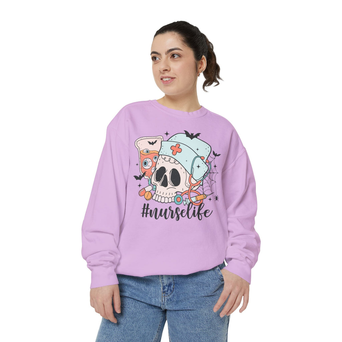 #NurseLife Halloween Sweatshirt - Skull and Medical Supplies Graphic Sweater