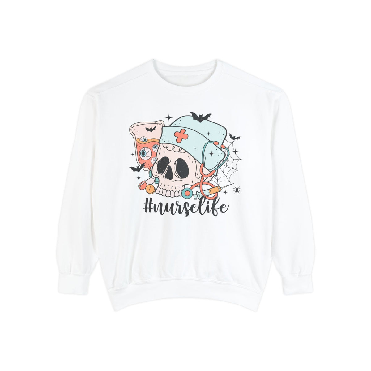 #NurseLife Halloween Sweatshirt - Skull and Medical Supplies Graphic Sweater