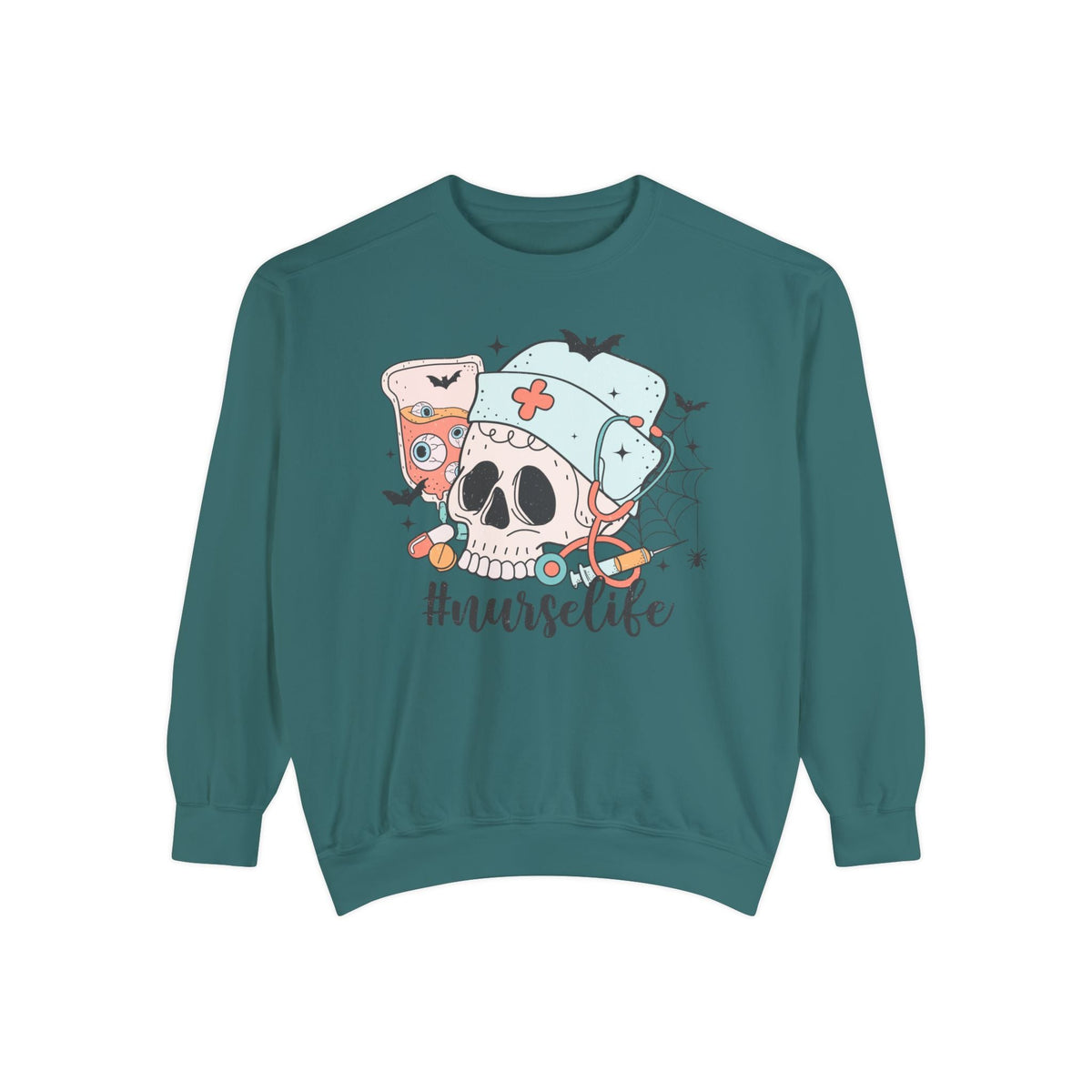 #NurseLife Halloween Sweatshirt - Skull and Medical Supplies Graphic Sweater