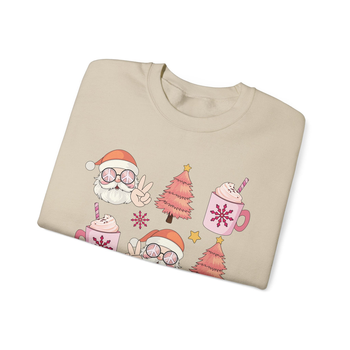 Peaceful Santa Crewneck Sweatshirt - Cute Santa with Peace Signs and Holiday Trees - Merry Vibes