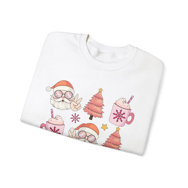 Peaceful Santa Crewneck Sweatshirt - Cute Santa with Peace Signs and Holiday Trees - Merry Vibes