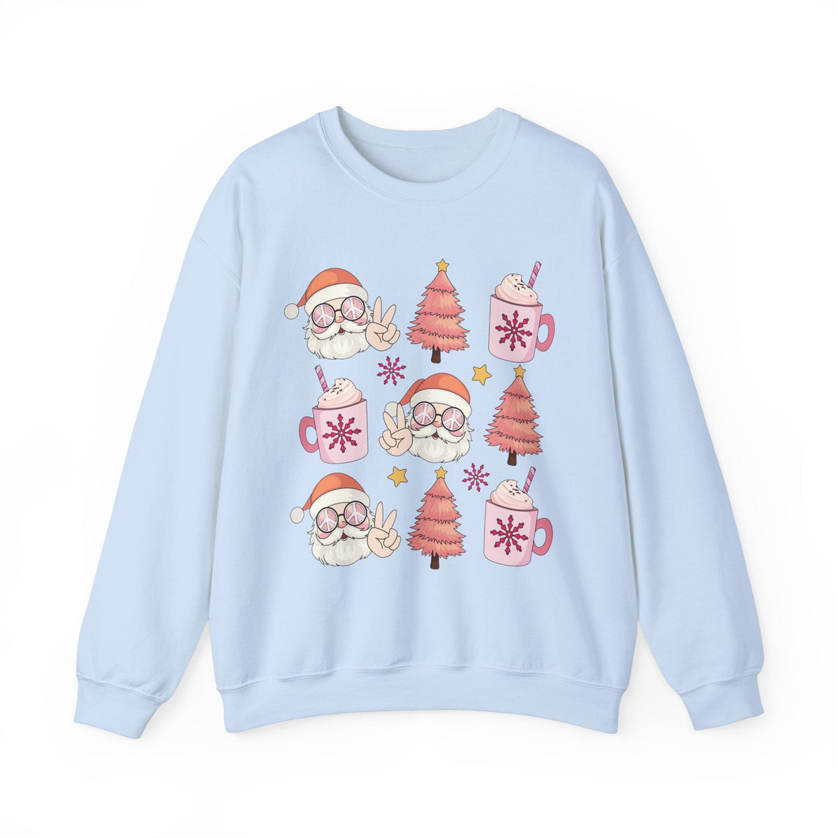 Peaceful Santa Crewneck Sweatshirt - Cute Santa with Peace Signs and Holiday Trees - Merry Vibes