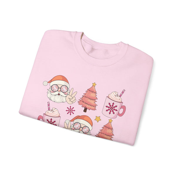 Peaceful Santa Crewneck Sweatshirt - Cute Santa with Peace Signs and Holiday Trees - Merry Vibes