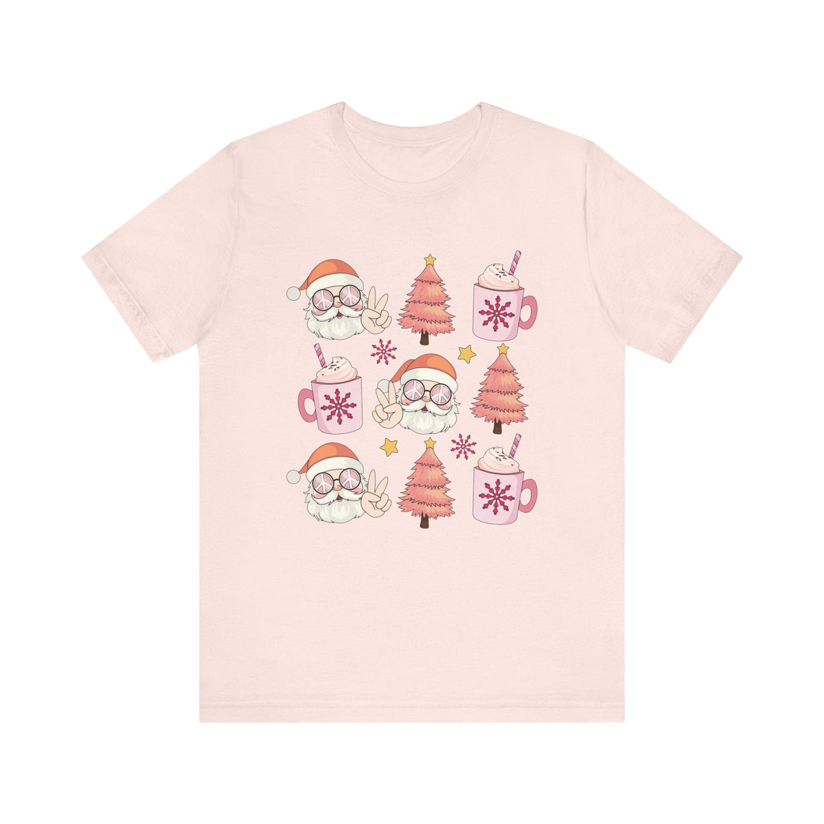 Peaceful Santa T-Shirt - Cute Santa with Peace Signs and Holiday Trees - Merry Vibes