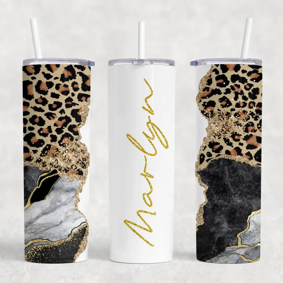 Personalized 20oz Tumbler with Name & Straw - Agate Glitter Leopard Print