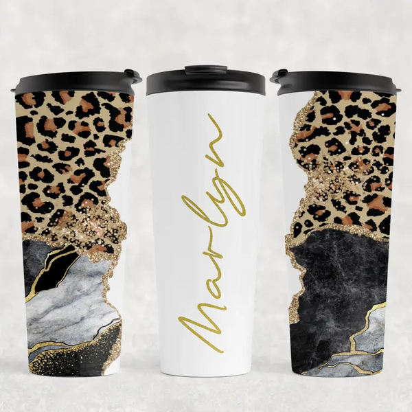 Personalized 20oz Tumbler with Name & Straw - Agate Glitter Leopard Print