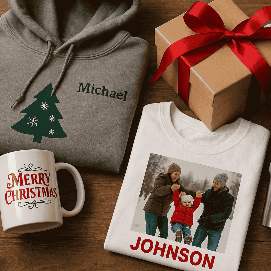 Personalized hoodie, mug, t-shirt with photo, and gift box on a wooden surface