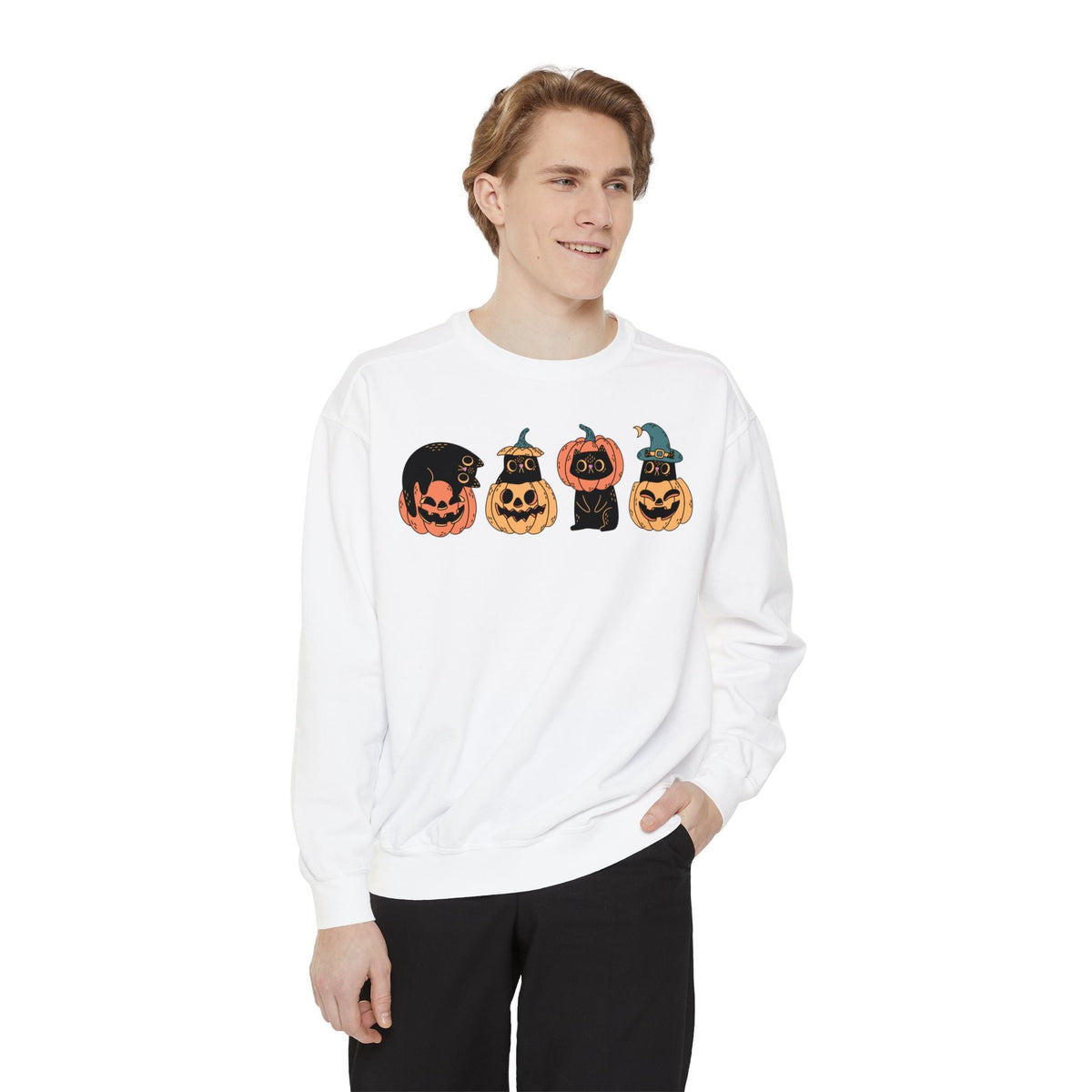 Pumpkin Cat Heads – Spooky Halloween Trio Graphic Sweater