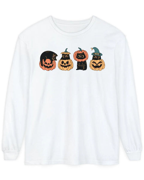 Pumpkin Cat Heads Spooky Halloween Trio Long Sleeve Graphic Tee