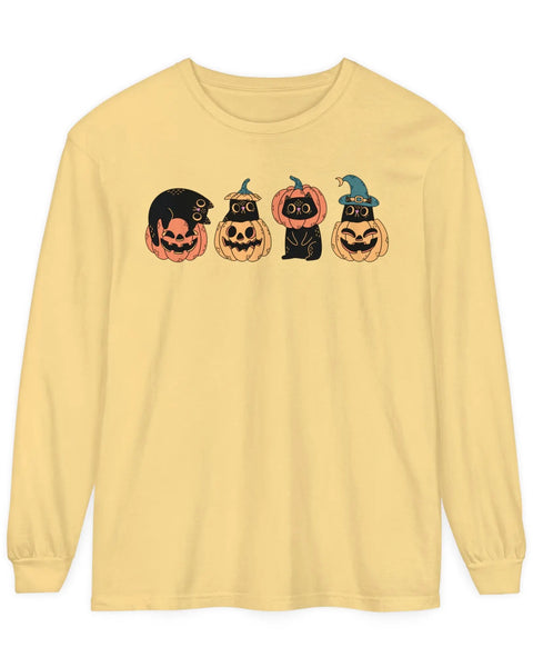 Pumpkin Cat Heads Spooky Halloween Trio Long Sleeve Graphic Tee