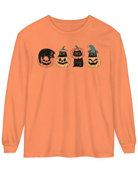 Pumpkin Cat Heads Spooky Halloween Trio Long Sleeve Graphic Tee