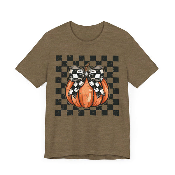 Pumpkin Checkered Coquette Bow Fall T-Shirt - Cute Autumn Graphic Tee - Trendy Fall Fashion for Pumpkin Lovers