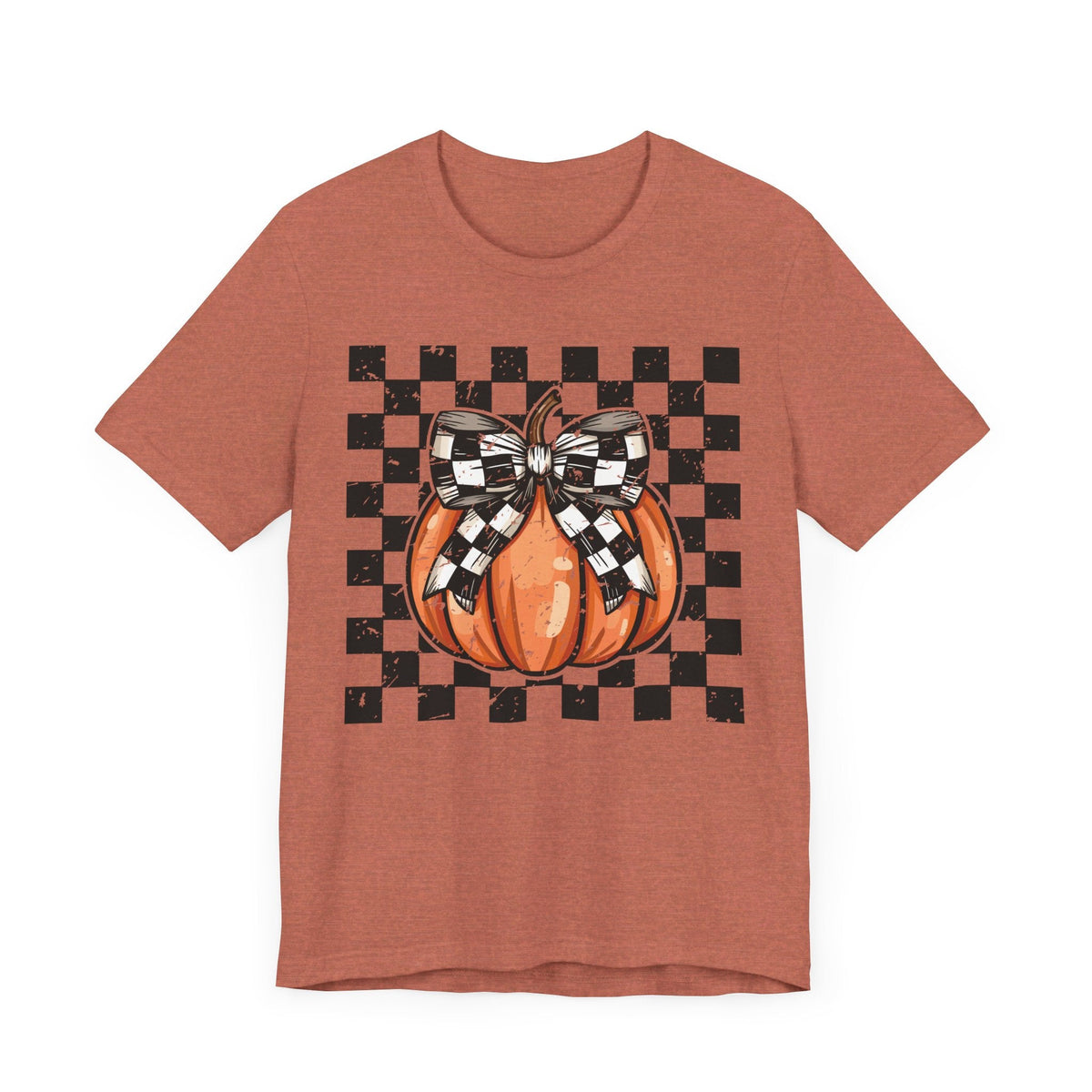 Pumpkin Checkered Coquette Bow Fall T-Shirt - Cute Autumn Graphic Tee - Trendy Fall Fashion for Pumpkin Lovers