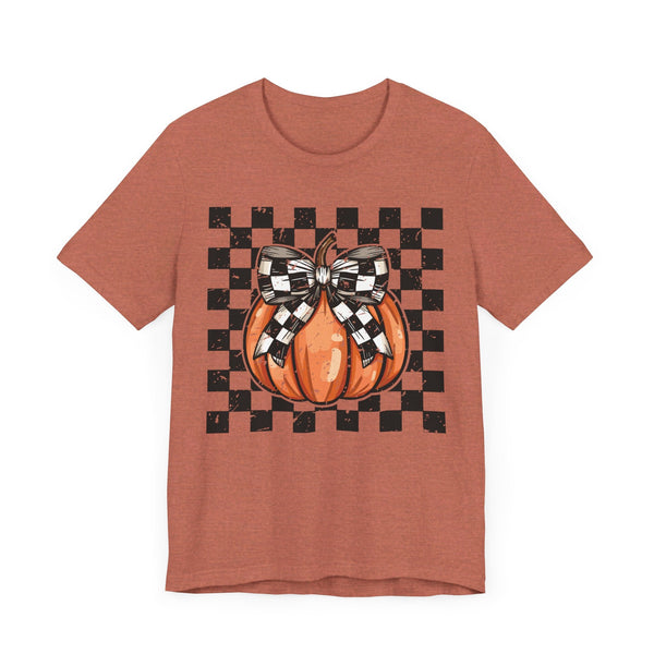 Pumpkin Checkered Coquette Bow Fall T-Shirt - Cute Autumn Graphic Tee - Trendy Fall Fashion for Pumpkin Lovers