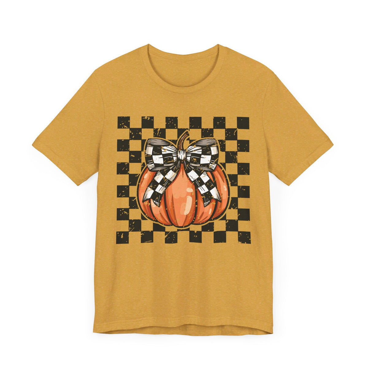 Pumpkin Checkered Coquette Bow Fall T-Shirt - Cute Autumn Graphic Tee - Trendy Fall Fashion for Pumpkin Lovers