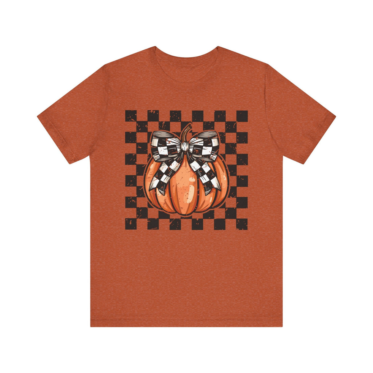 Pumpkin Checkered Coquette Bow Fall T-Shirt - Cute Autumn Graphic Tee - Trendy Fall Fashion for Pumpkin Lovers