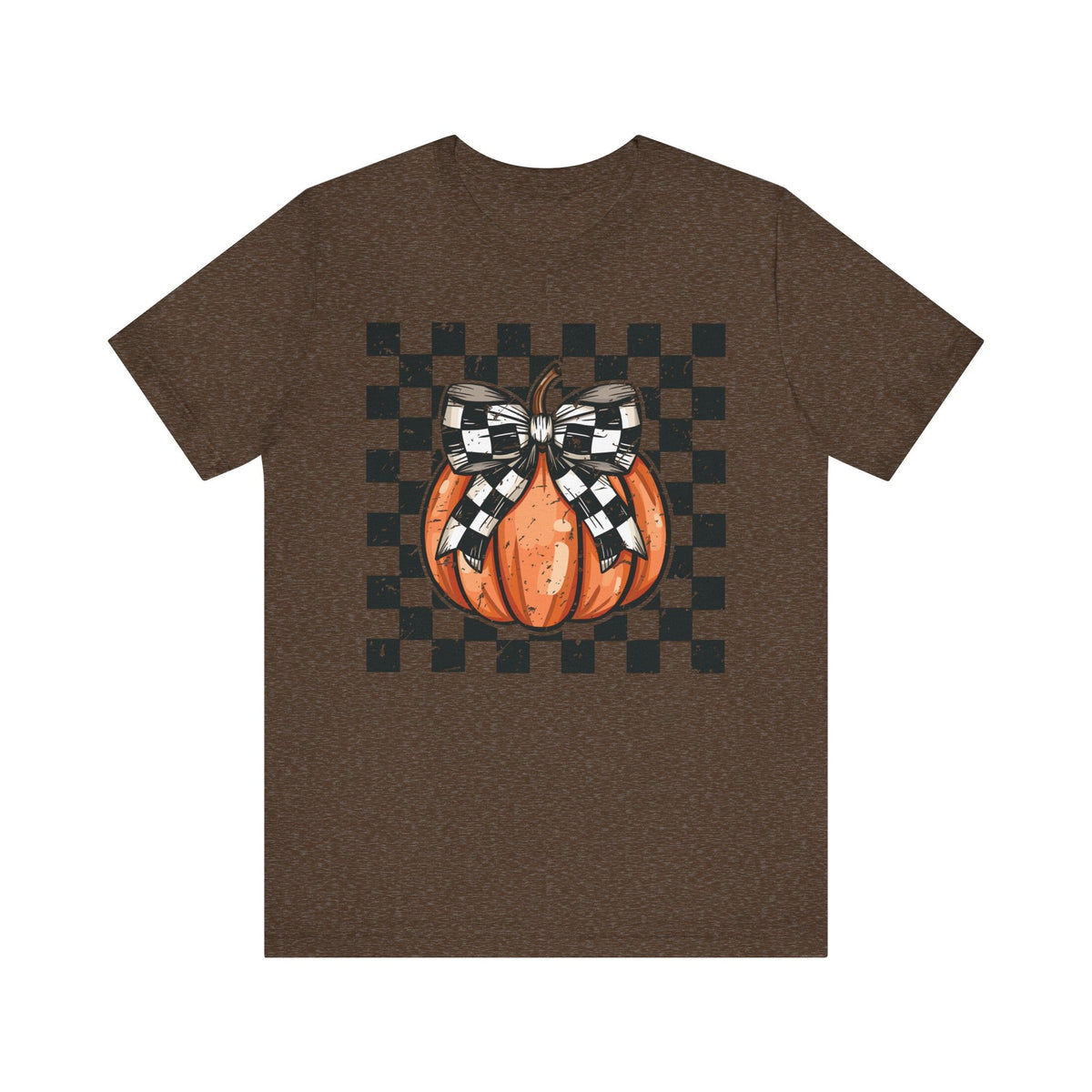 Pumpkin Checkered Coquette Bow Fall T-Shirt - Cute Autumn Graphic Tee - Trendy Fall Fashion for Pumpkin Lovers