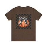 Pumpkin Checkered Coquette Bow Fall T-Shirt - Cute Autumn Graphic Tee - Trendy Fall Fashion for Pumpkin Lovers