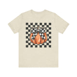 Pumpkin Checkered Coquette Bow Fall T-Shirt - Cute Autumn Graphic Tee - Trendy Fall Fashion for Pumpkin Lovers