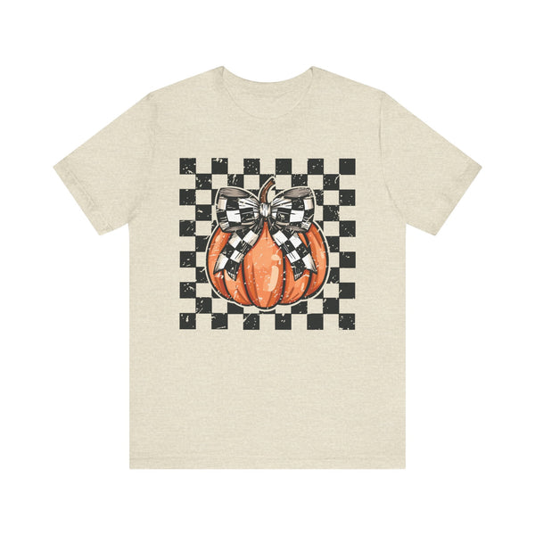 Pumpkin Checkered Coquette Bow Fall T-Shirt - Cute Autumn Graphic Tee - Trendy Fall Fashion for Pumpkin Lovers