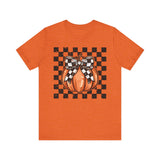 Pumpkin Checkered Coquette Bow Fall T-Shirt - Cute Autumn Graphic Tee - Trendy Fall Fashion for Pumpkin Lovers