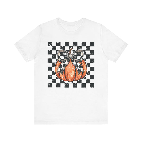 Pumpkin Checkered Coquette Bow Fall T-Shirt - Cute Autumn Graphic Tee - Trendy Fall Fashion for Pumpkin Lovers