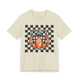 Pumpkin Checkered Coquette Bow Fall T-Shirt - Cute Autumn Graphic Tee - Trendy Fall Fashion for Pumpkin Lovers