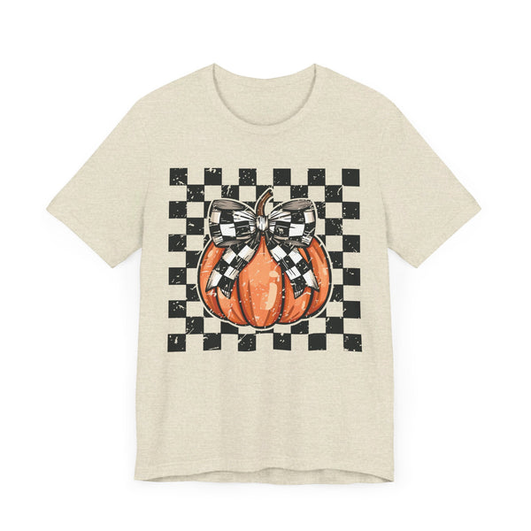 Pumpkin Checkered Coquette Bow Fall T-Shirt - Cute Autumn Graphic Tee - Trendy Fall Fashion for Pumpkin Lovers