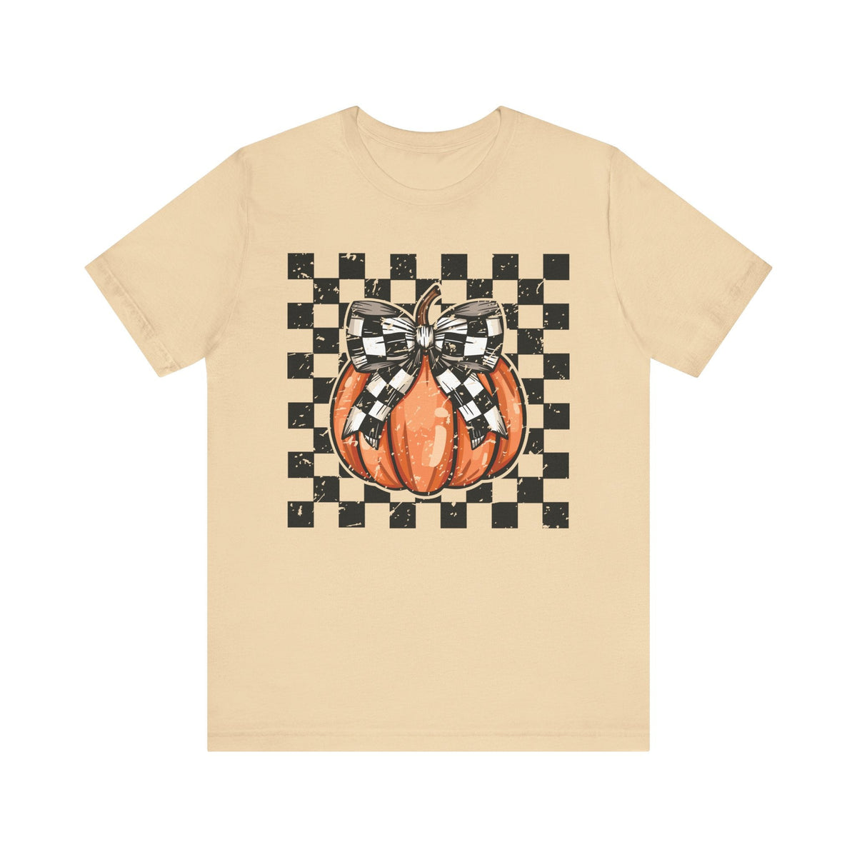 Pumpkin Checkered Coquette Bow Fall T-Shirt - Cute Autumn Graphic Tee - Trendy Fall Fashion for Pumpkin Lovers