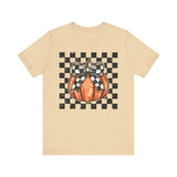 Pumpkin Checkered Coquette Bow Fall T-Shirt - Cute Autumn Graphic Tee - Trendy Fall Fashion for Pumpkin Lovers