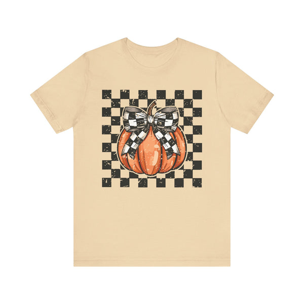 Pumpkin Checkered Coquette Bow Fall T-Shirt - Cute Autumn Graphic Tee - Trendy Fall Fashion for Pumpkin Lovers