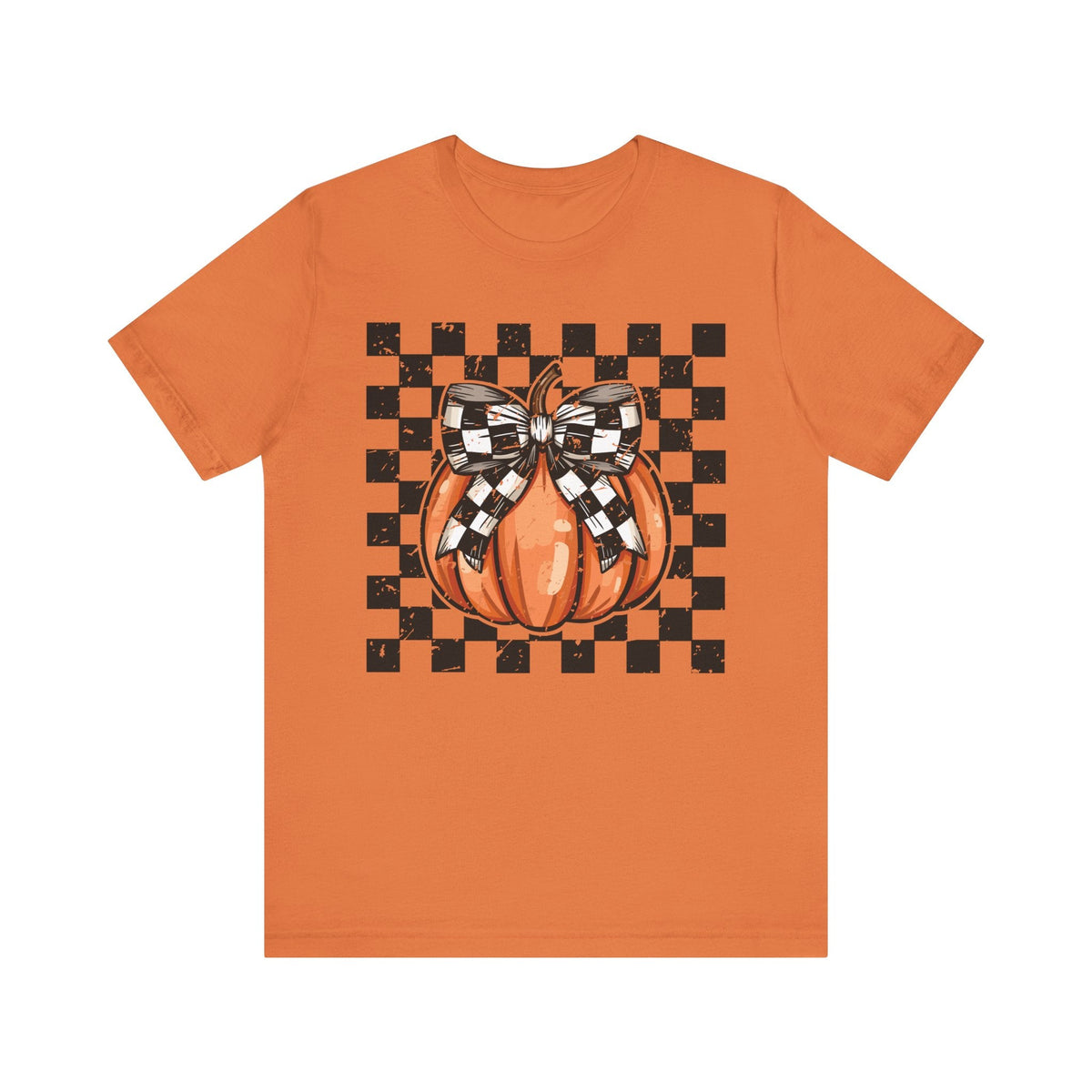 Pumpkin Checkered Coquette Bow Fall T-Shirt - Cute Autumn Graphic Tee - Trendy Fall Fashion for Pumpkin Lovers