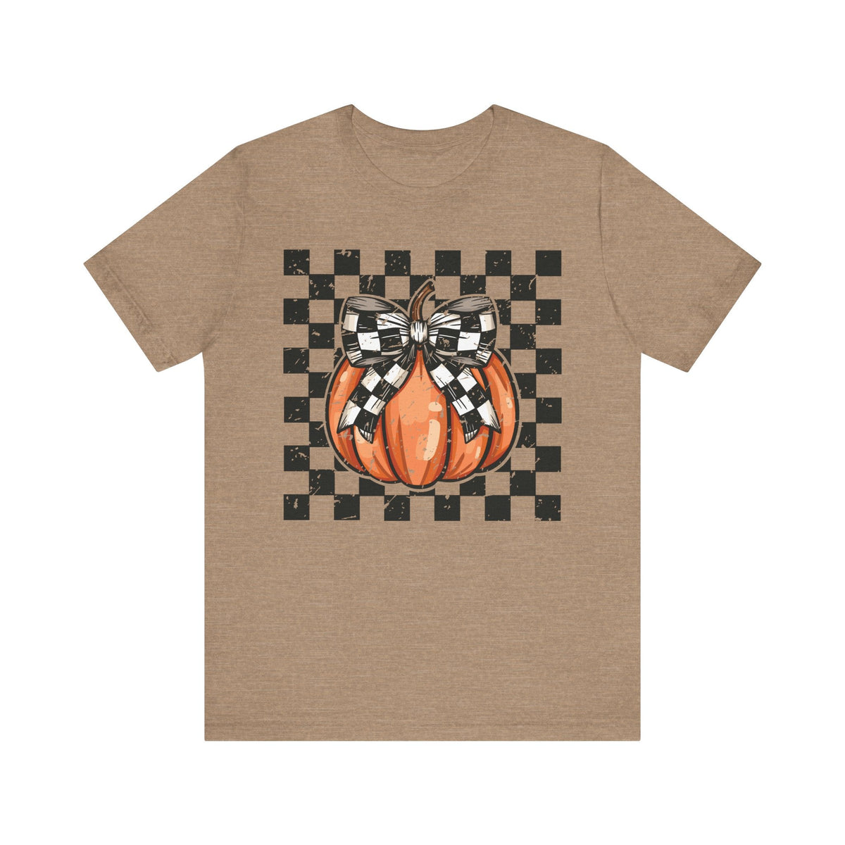 Pumpkin Checkered Coquette Bow Fall T-Shirt - Cute Autumn Graphic Tee - Trendy Fall Fashion for Pumpkin Lovers