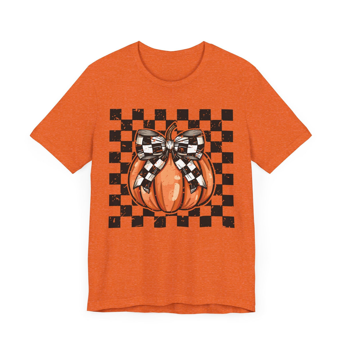 Pumpkin Checkered Coquette Bow Fall T-Shirt - Cute Autumn Graphic Tee - Trendy Fall Fashion for Pumpkin Lovers