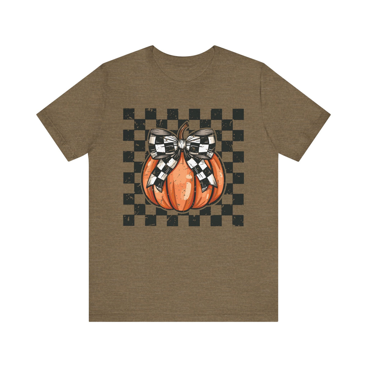 Pumpkin Checkered Coquette Bow Fall T-Shirt - Cute Autumn Graphic Tee - Trendy Fall Fashion for Pumpkin Lovers