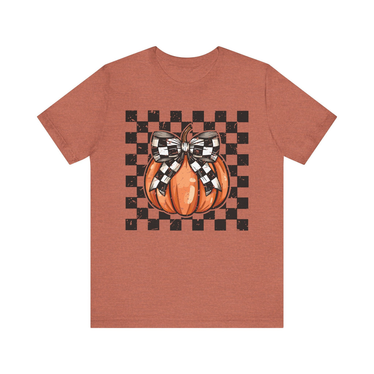 Pumpkin Checkered Coquette Bow Fall T-Shirt - Cute Autumn Graphic Tee - Trendy Fall Fashion for Pumpkin Lovers