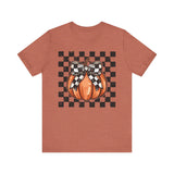 Pumpkin Checkered Coquette Bow Fall T-Shirt - Cute Autumn Graphic Tee - Trendy Fall Fashion for Pumpkin Lovers