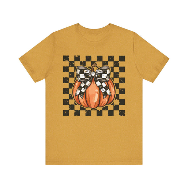 Pumpkin Checkered Coquette Bow Fall T-Shirt - Cute Autumn Graphic Tee - Trendy Fall Fashion for Pumpkin Lovers