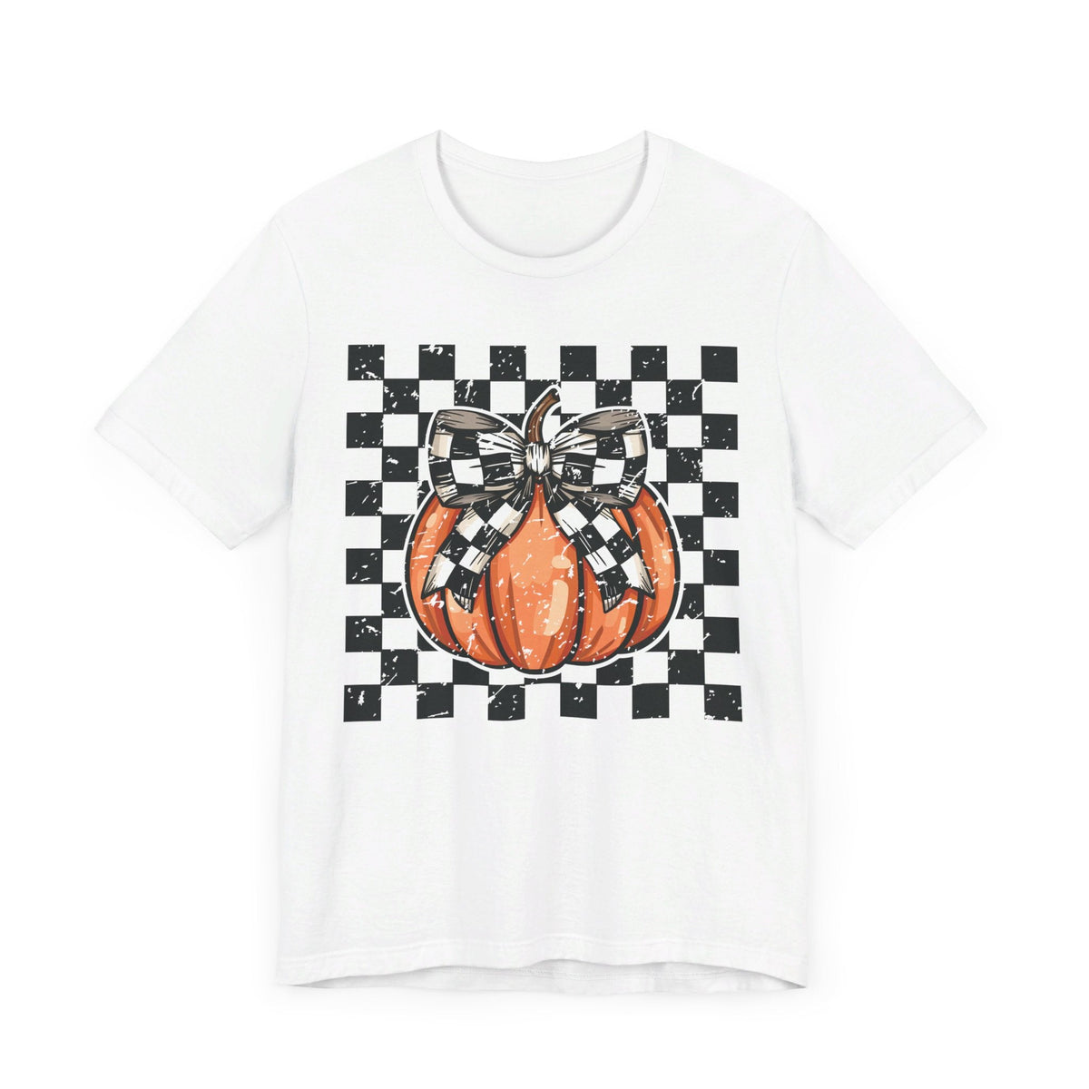 Pumpkin Checkered Coquette Bow Fall T-Shirt - Cute Autumn Graphic Tee - Trendy Fall Fashion for Pumpkin Lovers