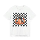 Pumpkin Checkered Coquette Bow Fall T-Shirt - Cute Autumn Graphic Tee - Trendy Fall Fashion for Pumpkin Lovers