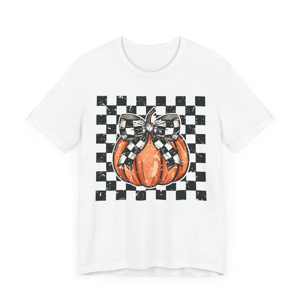 Pumpkin Checkered Coquette Bow Fall T-Shirt - Cute Autumn Graphic Tee - Trendy Fall Fashion for Pumpkin Lovers